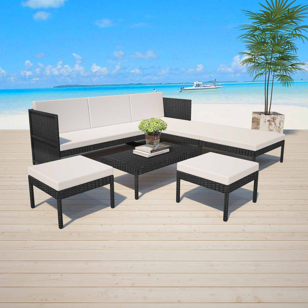 6-delige Loungeset met kussens poly rattan zwart MeubelReus