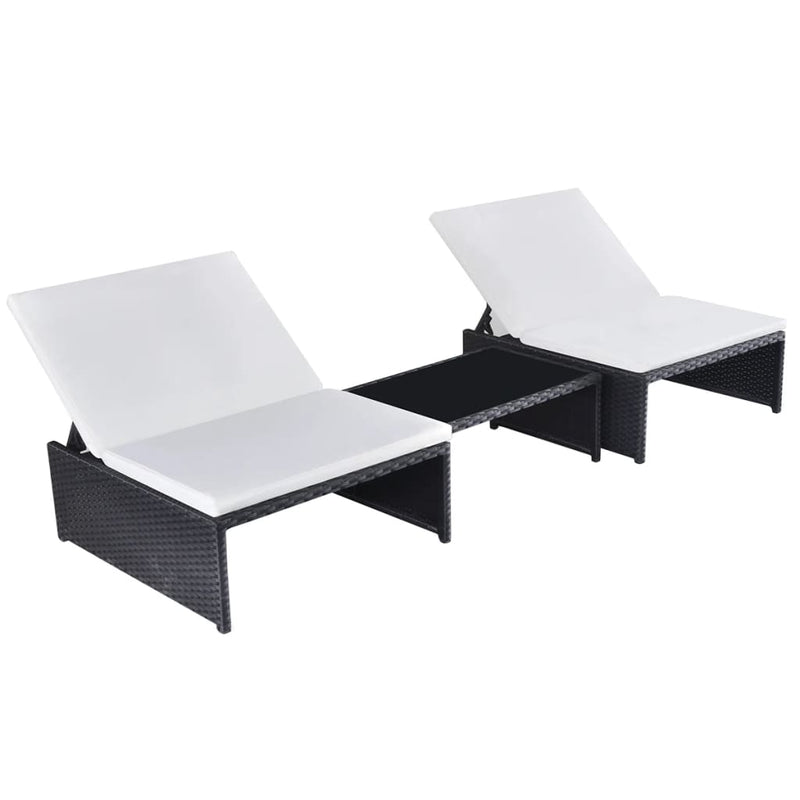 Ligbedden 2 st met tafel poly rattan zwart MeubelReus