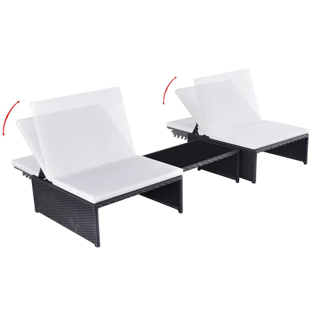 Ligbedden 2 st met tafel poly rattan zwart MeubelReus