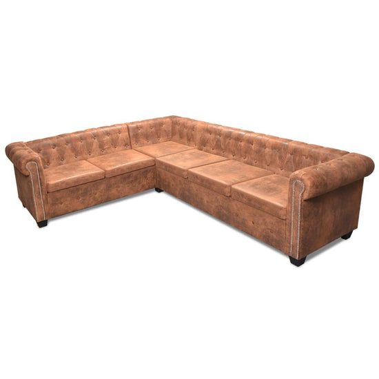 Chesterfield hoekbank 6-zits kunstleer bruin MeubelReus