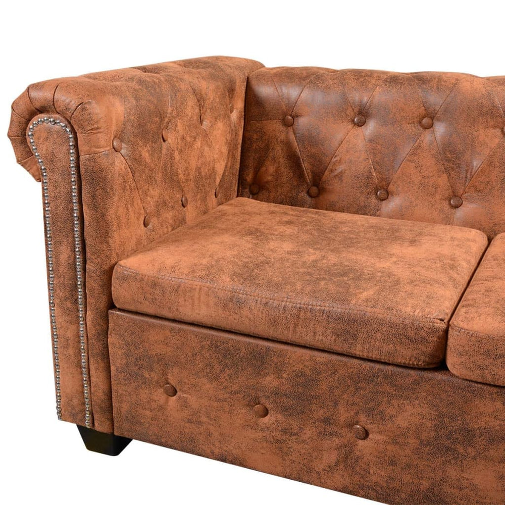 Chesterfield hoekbank 6-zits kunstleer bruin MeubelReus