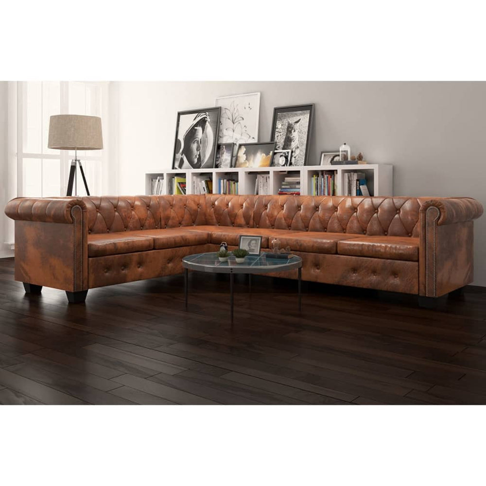 Chesterfield hoekbank 6-zits kunstleer bruin MeubelReus