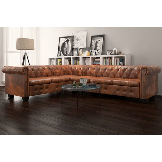 Chesterfield hoekbank 6-zits kunstleer bruin MeubelReus