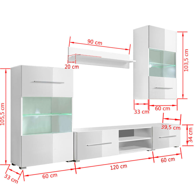Muurvitrine tv-meubel met LED-verlichting wit 5-delig MeubelReus
