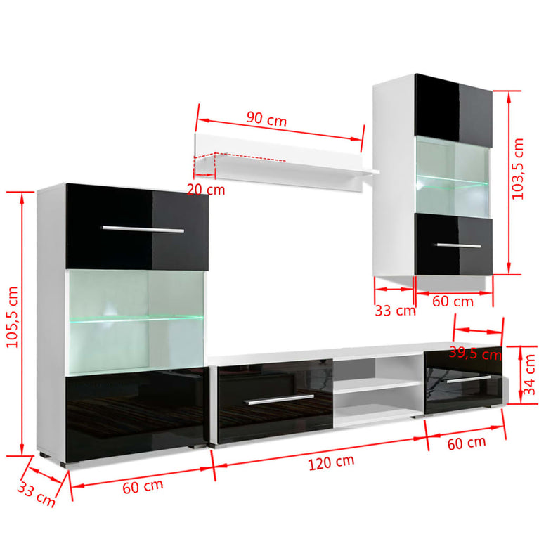 Muurvitrine tv-meubel met LED-verlichting zwart 5-delig MeubelReus