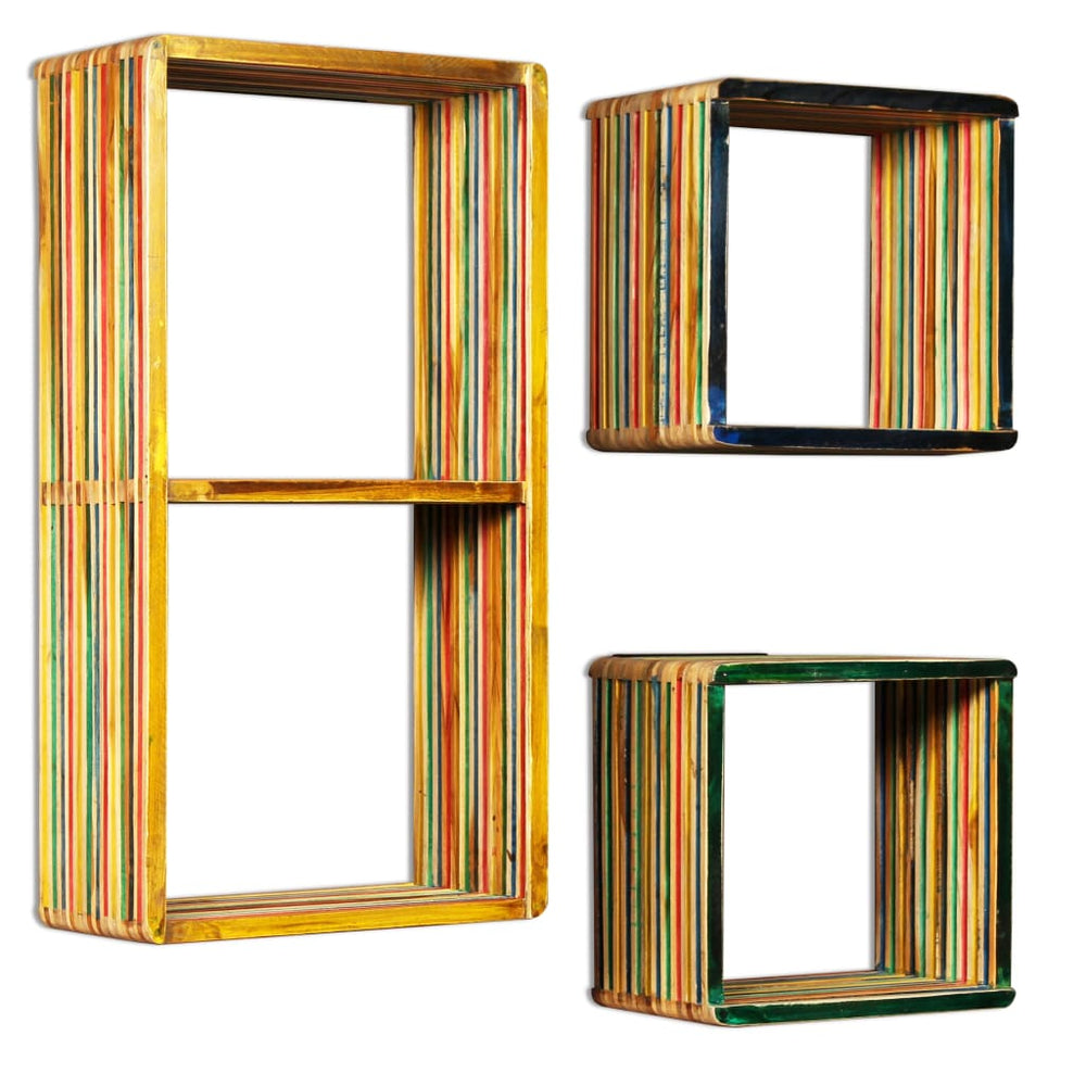 Wandschappenset massief gerecycled teakhout meerkleurig 3-delig MeubelReus