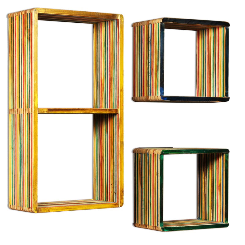 Wandschappenset massief gerecycled teakhout meerkleurig 3-delig MeubelReus