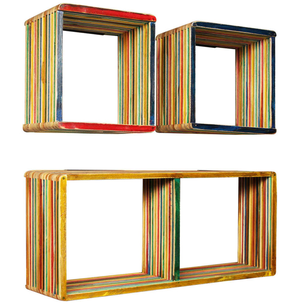 Wandschappenset massief gerecycled teakhout meerkleurig 3-delig MeubelReus