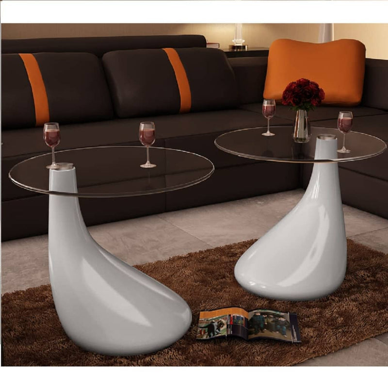 Salontafel met rond glazen tafelblad hoogglans wit 2 st MeubelReus