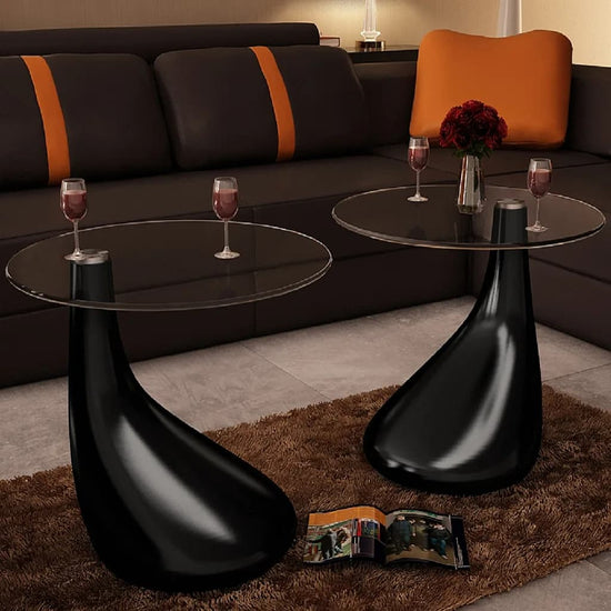 Salontafel met rond glazen tafelblad hoogglans zwart 2 st MeubelReus
