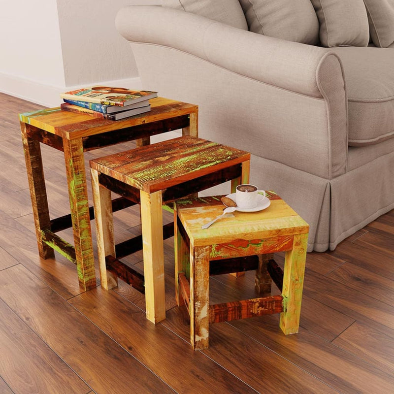 3-delige Bijzettafeltjesset vintage stijl gerecycled hout MeubelReus