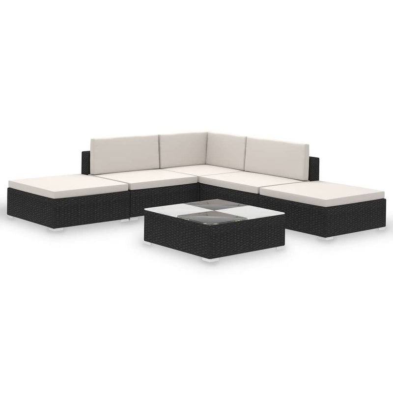 6-delige Loungeset met kussens poly rattan zwart