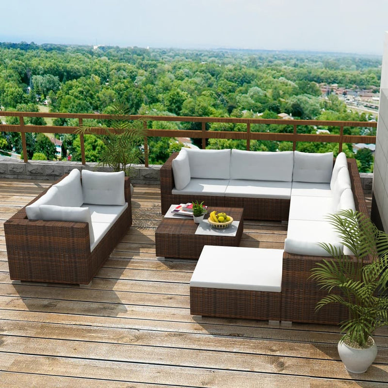 10-delige Loungeset met kussens poly rattan bruin MeubelReus