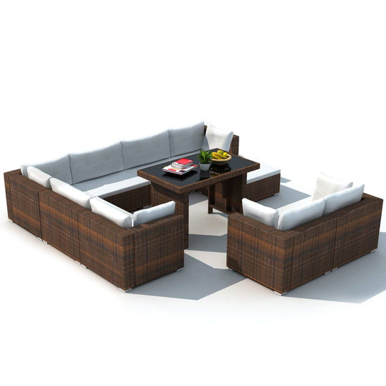 10-delige Loungeset met kussens poly rattan bruin MeubelReus