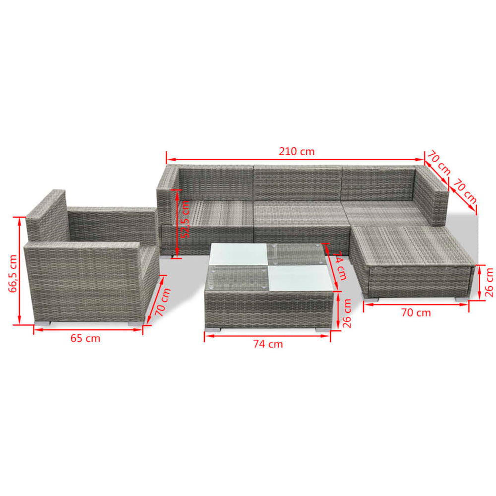 6-delige Loungeset met kussens poly rattan grijs MeubelReus