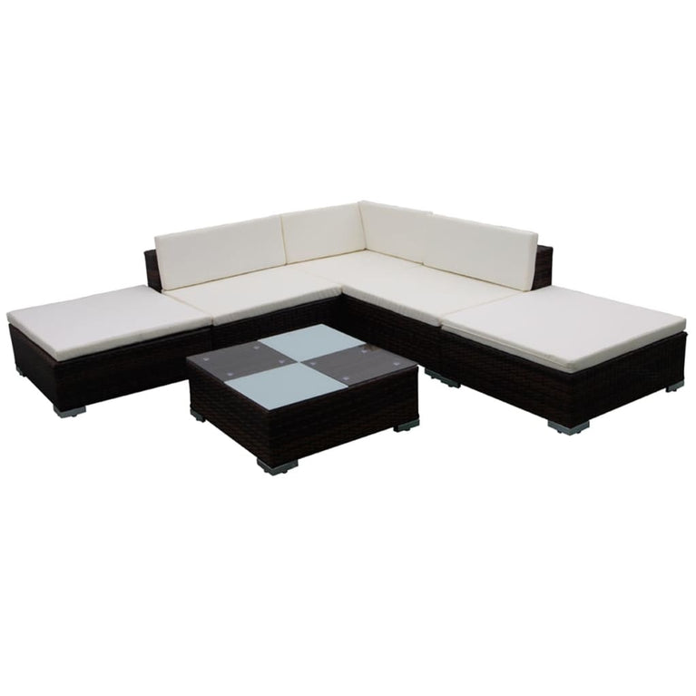 6-delige Loungeset met kussens poly rattan bruin