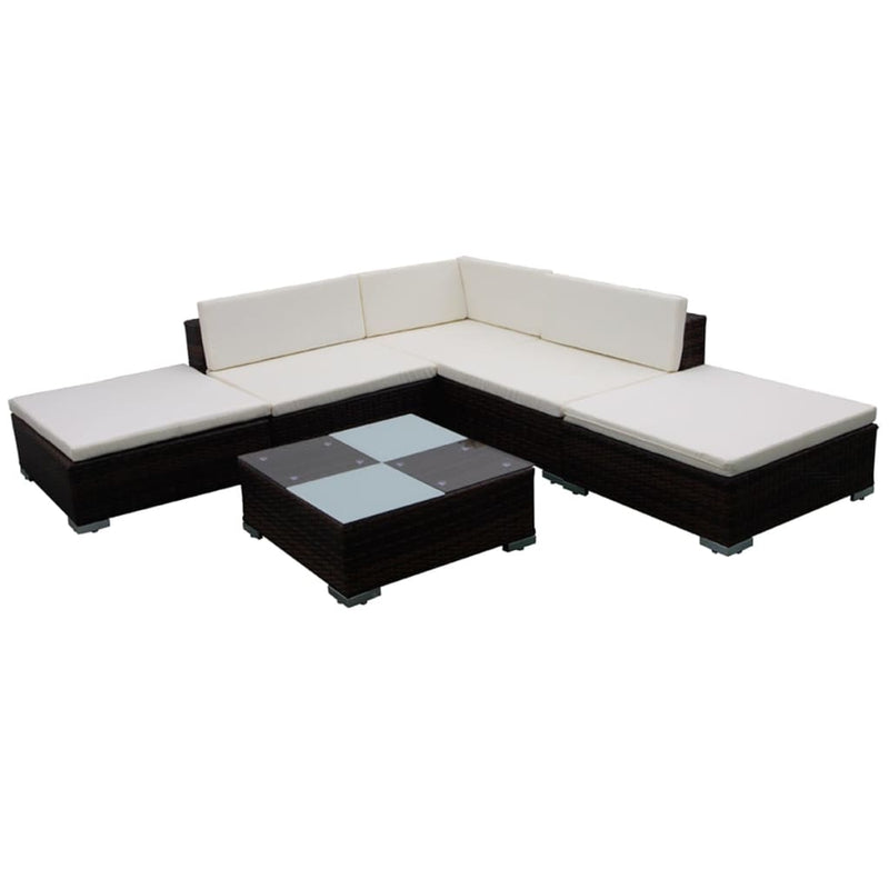 6-delige Loungeset met kussens poly rattan bruin
