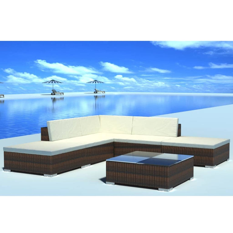 6-delige Loungeset met kussens poly rattan bruin