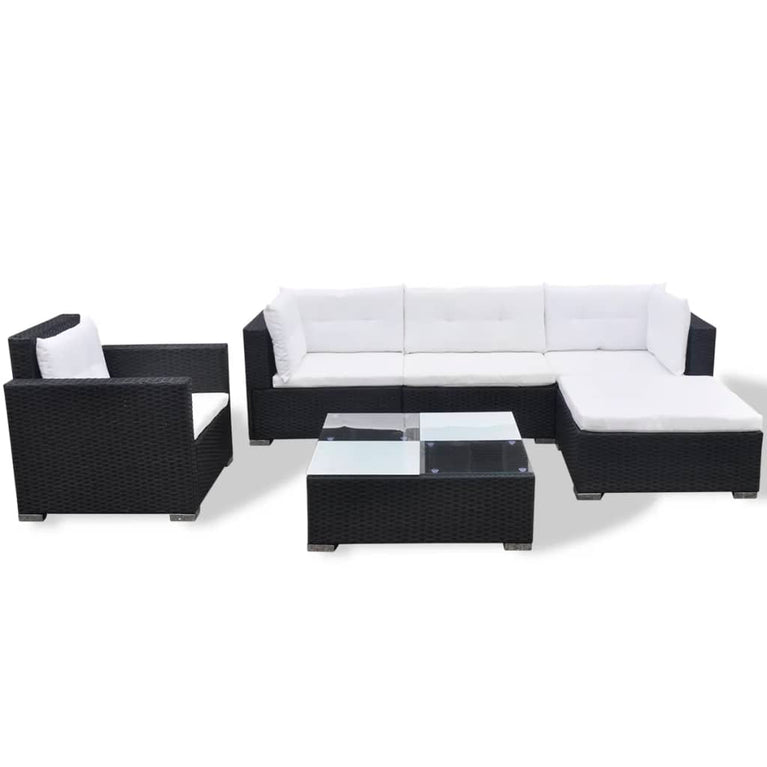 6-delige Loungeset met kussens poly rattan zwart