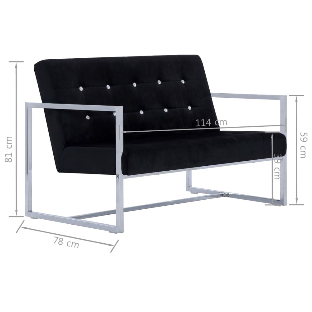 Tweezitsbank met armleuningen chroom en fluweel zwart MeubelReus