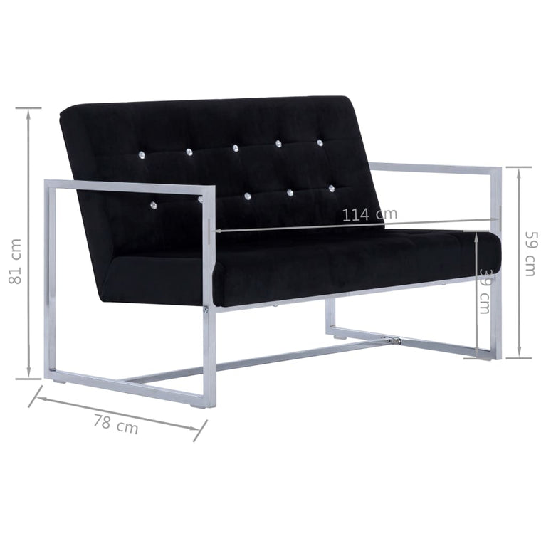 Tweezitsbank met armleuningen chroom en fluweel zwart MeubelReus
