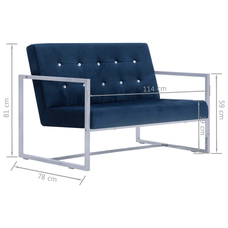 Tweezitsbank met armleuningen chroom en fluweel blauw MeubelReus