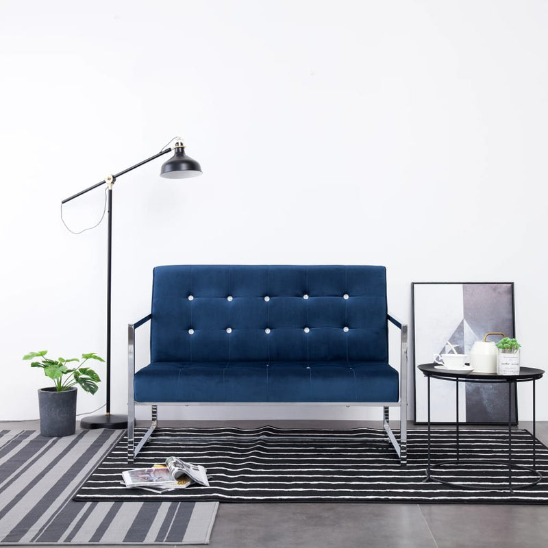 Tweezitsbank met armleuningen chroom en fluweel blauw MeubelReus