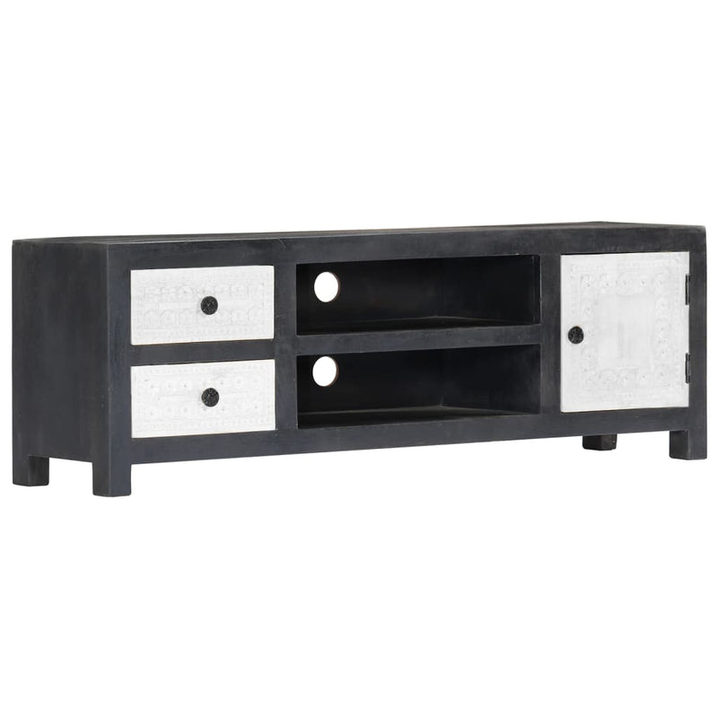 Tv-meubel handgesneden 120x30x40 cm massief mangohout grijs wit MeubelReus