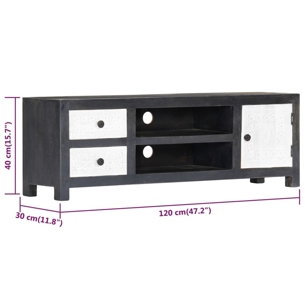 Tv-meubel handgesneden 120x30x40 cm massief mangohout grijs wit MeubelReus