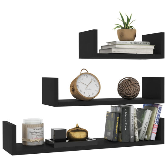 Wandschappen 3 st bewerkt hout zwart MeubelReus