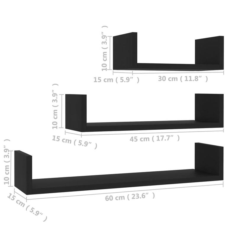 Wandschappen 3 st bewerkt hout zwart MeubelReus
