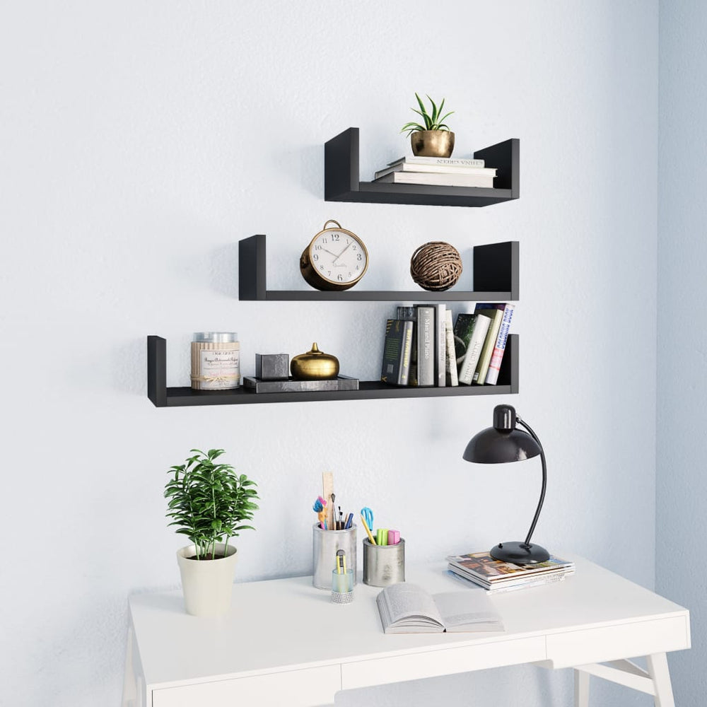 Wandschappen 3 st bewerkt hout zwart MeubelReus