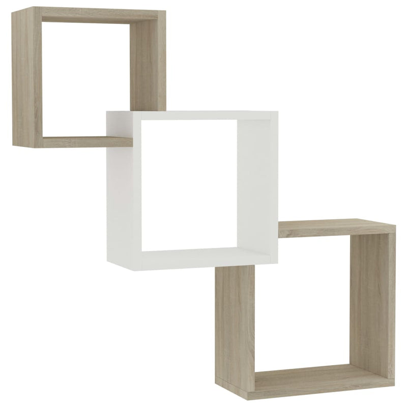 Wandschappen kubus 68x15x68 cm spaanplaat wit en sonoma eiken