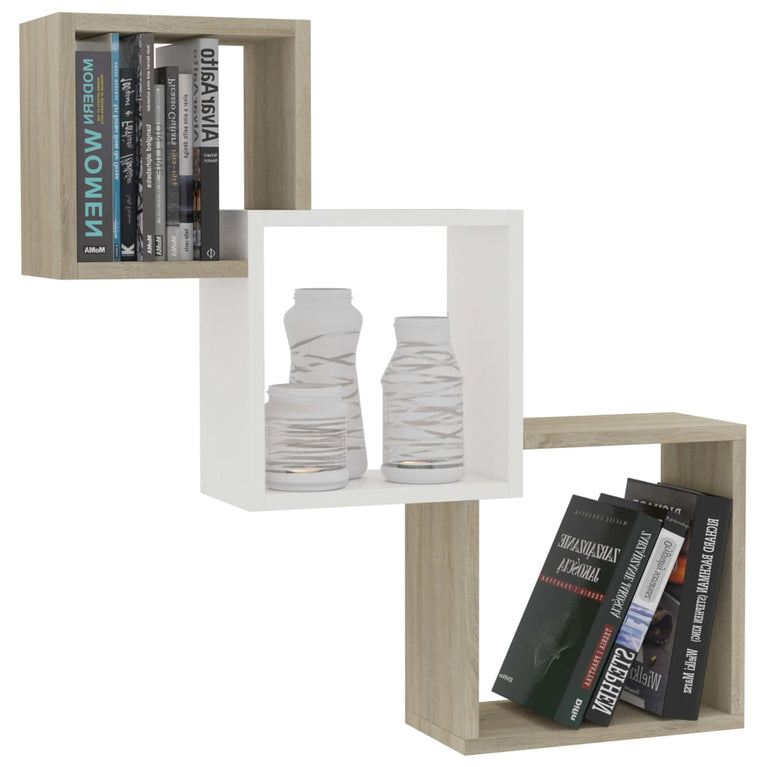 Wandschappen kubus 68x15x68 cm spaanplaat wit en sonoma eiken