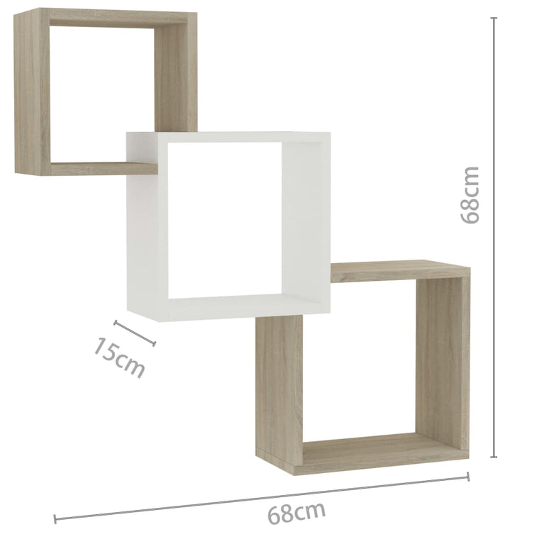 Wandschappen kubus 68x15x68 cm spaanplaat wit en sonoma eiken