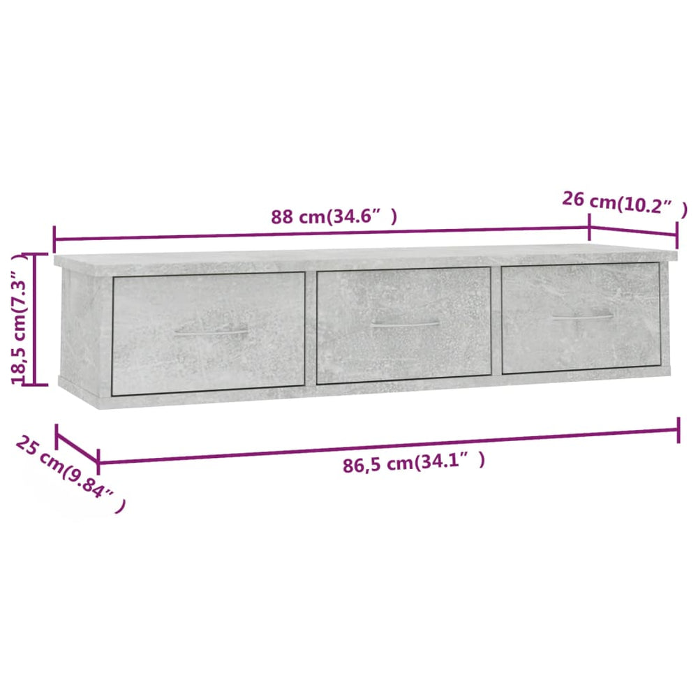 Wandschap met lades 88x26x18,5 cm spaanplaat betongrijs MeubelReus