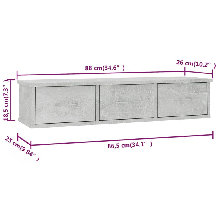 Wandschap met lades 88x26x18,5 cm spaanplaat betongrijs MeubelReus