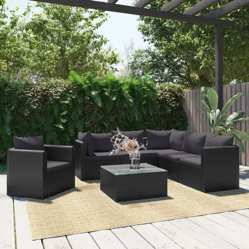 7-delige Loungeset met kussens poly rattan zwart MeubelReus