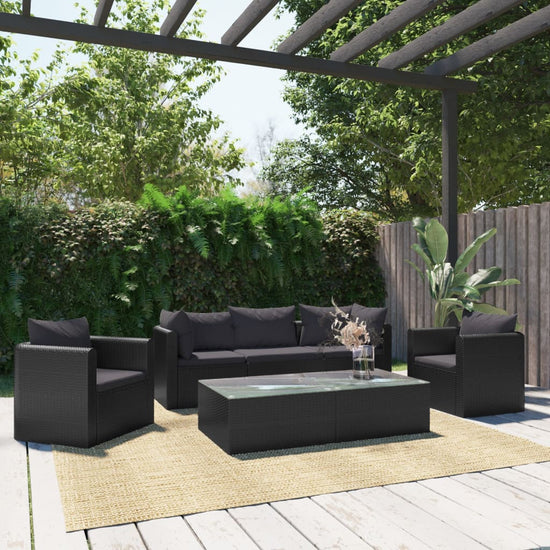 7-delige Loungeset met kussens poly rattan zwart MeubelReus