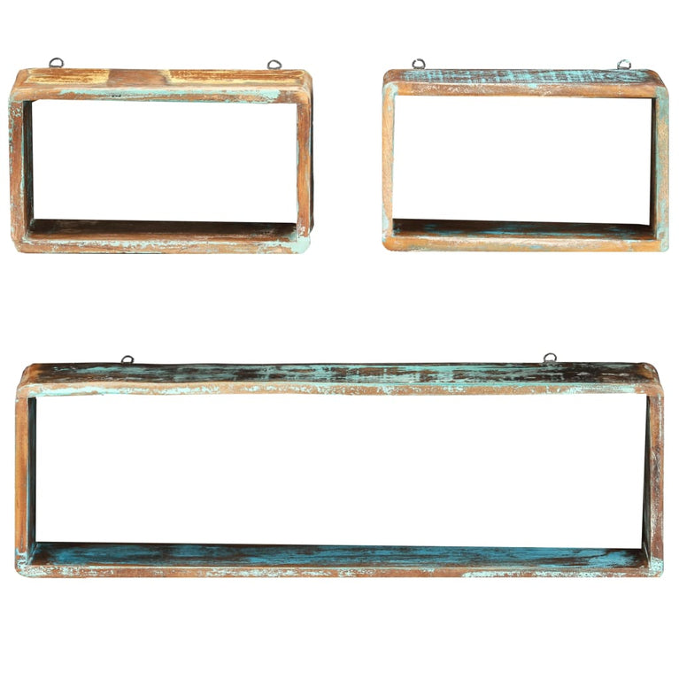 3-delige Wandschappenset kubus massief gerecycled hout