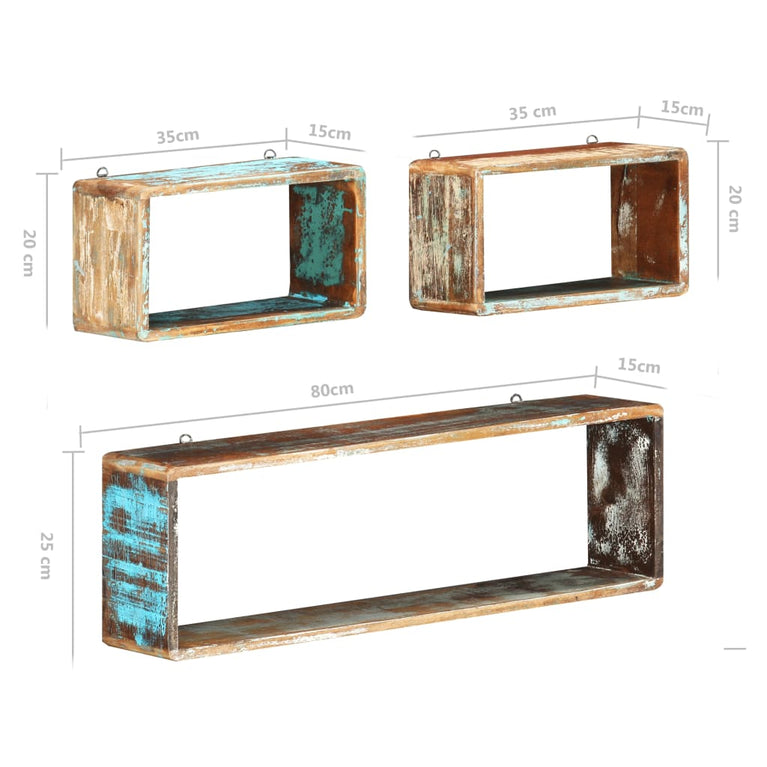 3-delige Wandschappenset kubus massief gerecycled hout