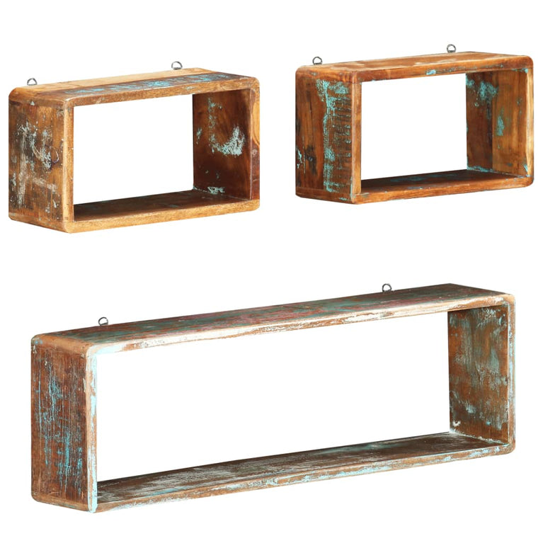 3-delige Wandschappenset kubus massief gerecycled hout