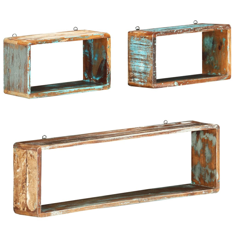 3-delige Wandschappenset kubus massief gerecycled hout