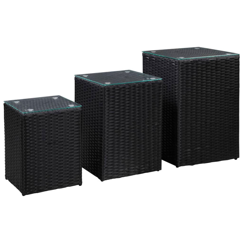 3-delige Bijzettafelset met glazen blad poly rattan zwart MeubelReus