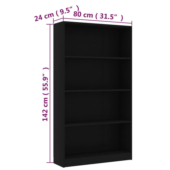 Boekenkast met 4 schappen 80x24x142 cm bewerkt hout zwart MeubelReus