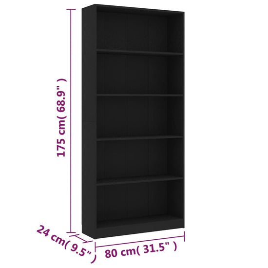 Boekenkast met 5 schappen 80x24x175 cm bewerkt hout zwart MeubelReus