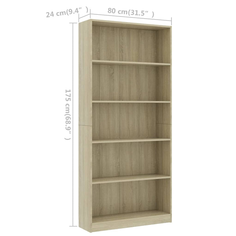 Boekenkast met 5 schappen 80x24x175 cm bewerkt hout sonoma eik
