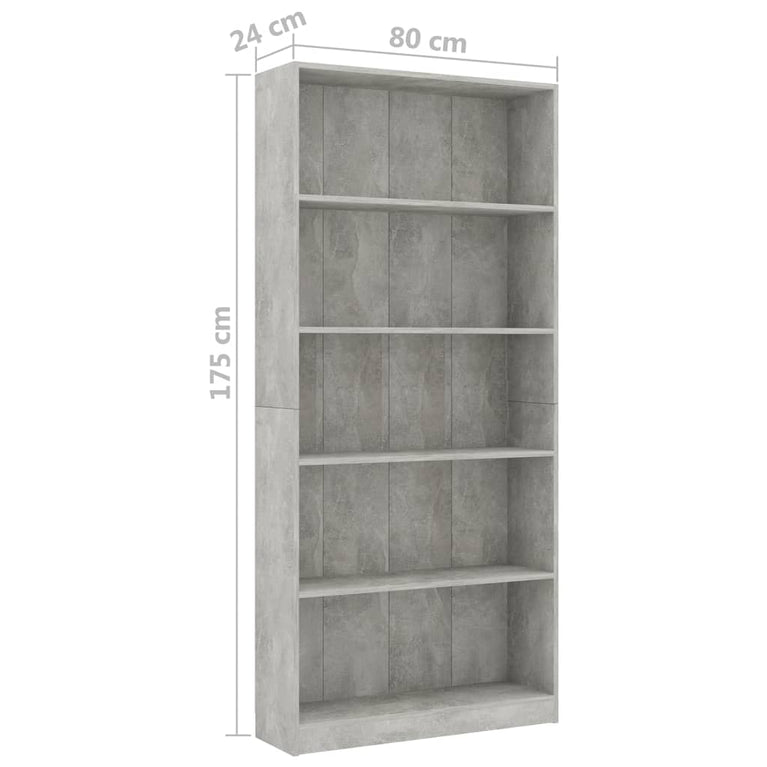 Boekenkast met 5 schappen 80x24x175 cm bewerkt hout betongrijs MeubelReus