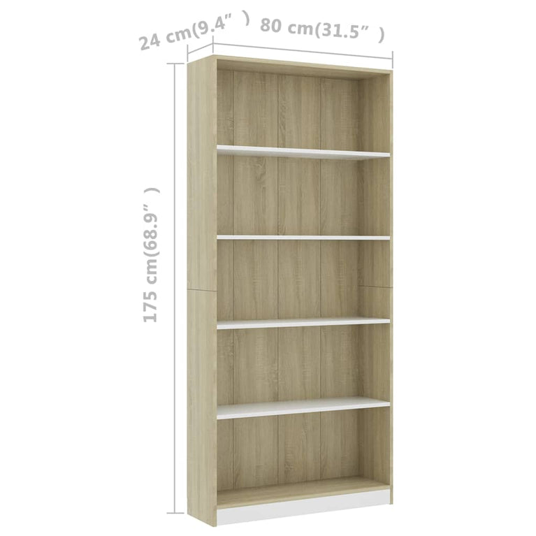 Boekenkast met 5 schappen 80x24x175cm bewerkt hout wit en eiken