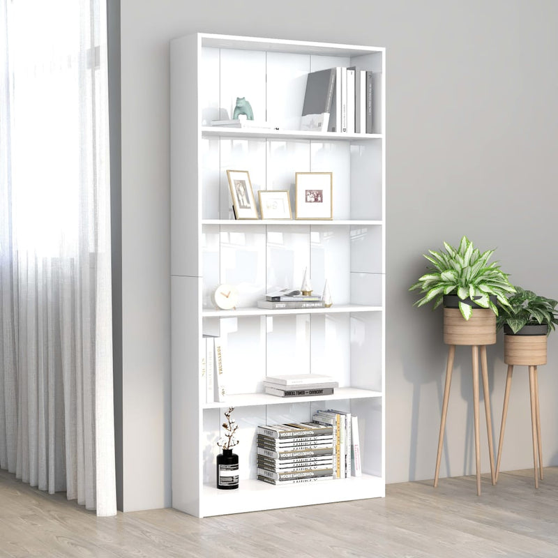 Boekenkast 5 schappen 80x24x175 cm bewerkt hout hoogglans wit MeubelReus